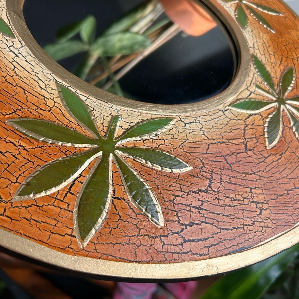 Vintage 15.75" Orange and Green Crackled Wood Decorative Mirror